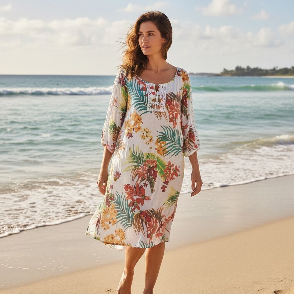 Indigo Rose‎ Tropical Shift Muumuu Dress Crochet Lace Accents Sz 2X #228J